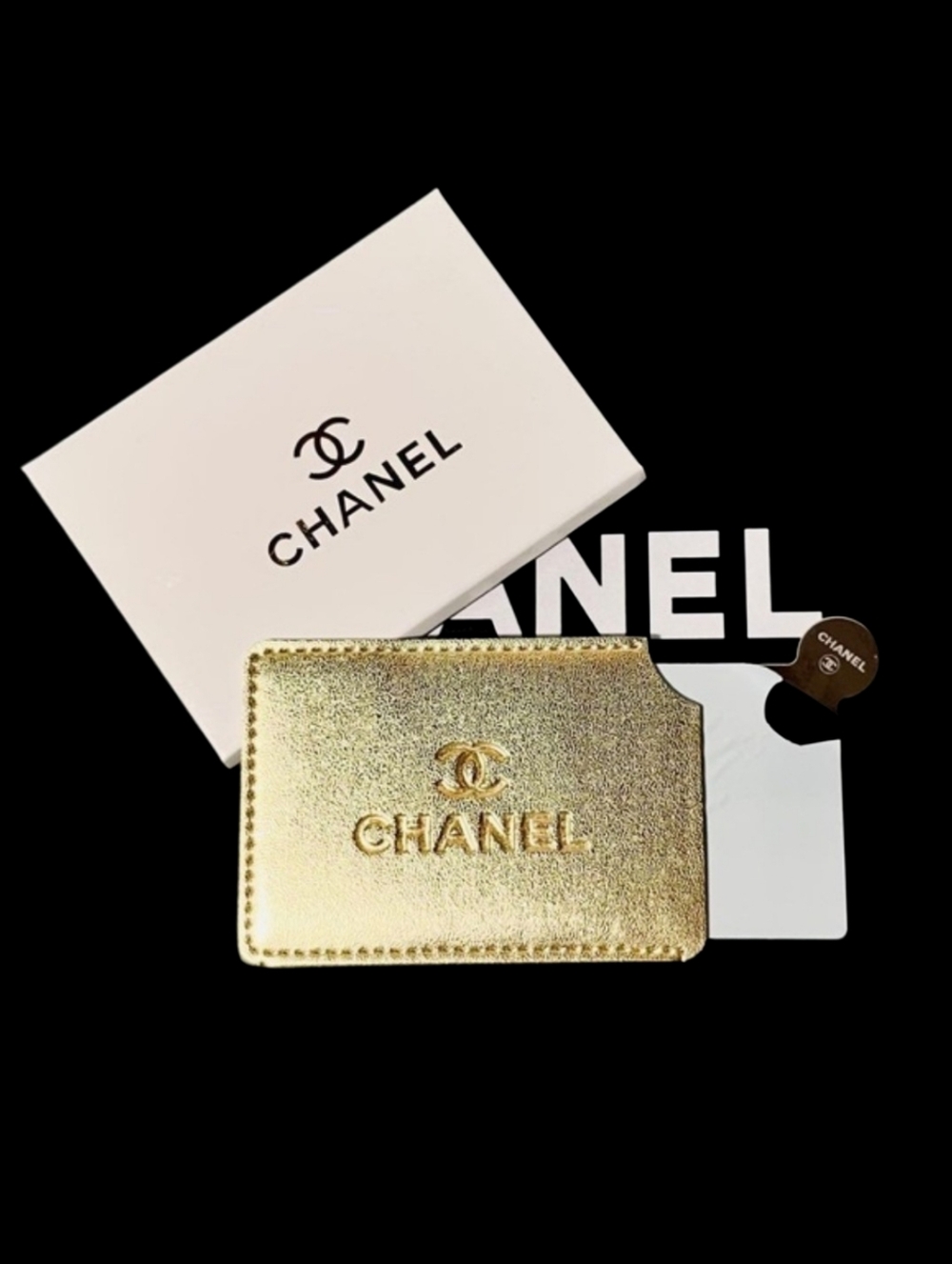 CHANEL Beauty Metallic Gold Leatherette Card Holder Sleeve & Mirror In Envelope